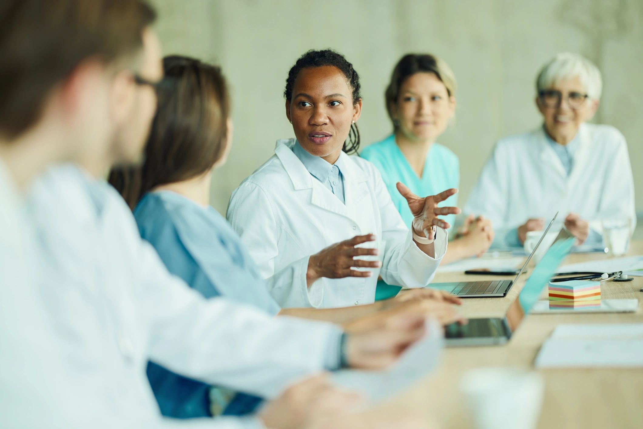 Medical team discussing patient care in a hospital